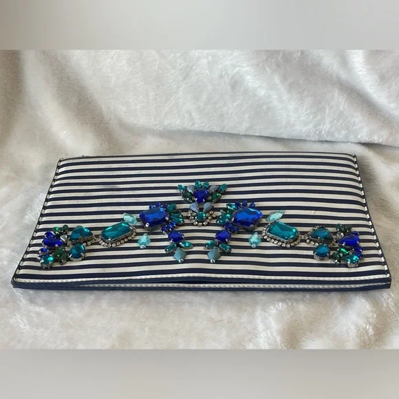 Express Bejeweled Blue and White Stripe Envelope Clutch Bag - Picture 5 of 12